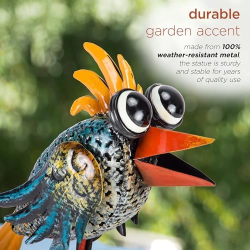 Alpine Corporation 11" Tall Outdoor Metal Wide-Eyed Bird Standing Yard Statue Decoration, Multicolor