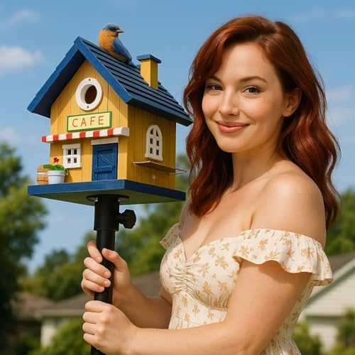 Colorful Bluebird House - Solid Cedar Wood Bird House + Feeder - Stainless Hardware - 2 Optional Hole Size 1.5" /1.25" - Post Mountable Multi-Functional (American Cafe)