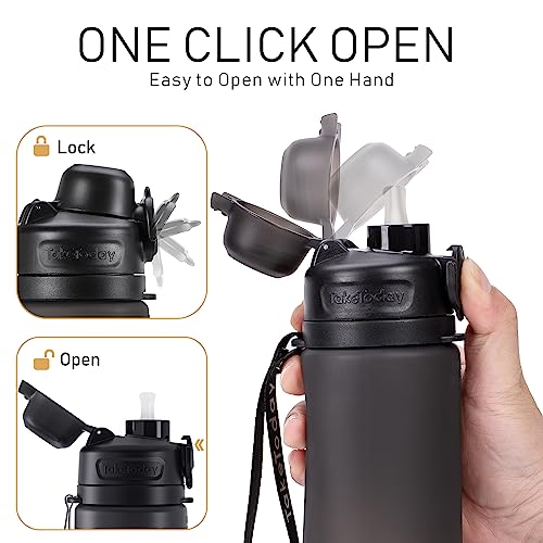 TakeToday Collapsible Water Bottles 20oz, Leak Proof, BPA-Free, Foldable Silicone Travel Water Bottle with Straw Strap for Cycling, Hiking, Outdoors (Black)
