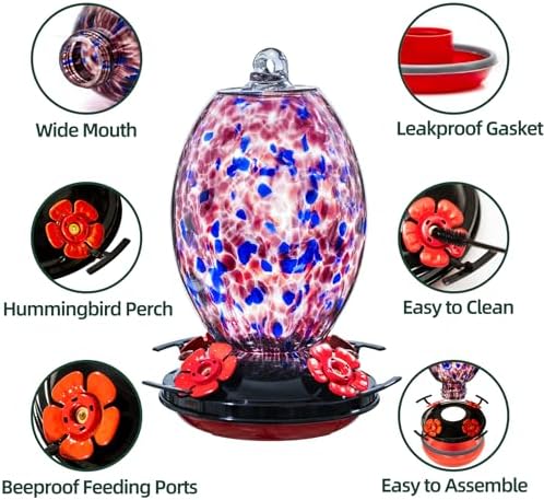 Muse Garden Glass Humming Bird Feeders for Outdoors - 27OZ Blown Glass Hummingbird Feeder - Unique Gift for Mom Women Grandparents, Outdoors Hanging Garden Decor, Includes Ant Moat & Brush, Purple