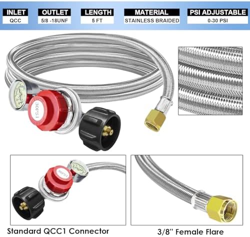 High Pressure Cast-Iron Round Burner Head 0-30PSI Adjustable Pressure Propane Regulator with Hose and Brass Fitting Propane Burner Head with 5FT Stainless Braided Hose for Turkey Fryer Burners