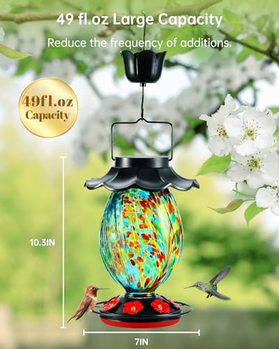 Solar Hummingbird Feeder - 49 fl.oz Hand Blown Glass Color Changing - 7 Feeding Ports with Perch - Never Leak - Perfect Hummingbird Feeder for Outdoors Hanging (Blue)