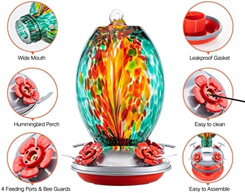 Muse Garden Glass Humming Bird Feeders for Outdoors - 27OZ Blown Glass Hummingbird Feeder - Unique Gift for Mom Women, Outdoors Hanging Garden Decor, Includes Ant Moat & Brush, Emerald Peacock
