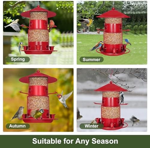 VECELO Bird Feeders for Outdoors - Hanging, Large Capacity, 4 Water Cups & 6 Feeding Ports with Perch, Metal, Easy to Clean, Attracts Wild Birds