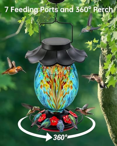 Solar Hummingbird Feeder - 49 fl.oz Hand Blown Glass Color Changing - 7 Feeding Ports with Perch - Never Leak - Perfect Hummingbird Feeder for Outdoors Hanging (Blue)