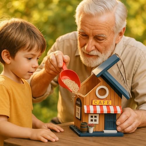 Colorful Bluebird House - Solid Cedar Wood Bird House + Feeder - Stainless Hardware - 2 Optional Hole Size 1.5" /1.25" - Post Mountable Multi-Functional (American Cafe)