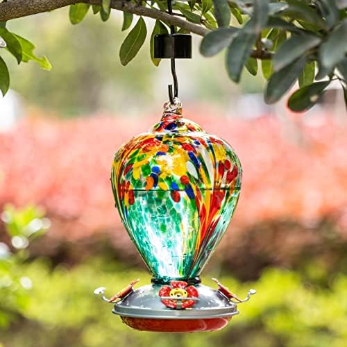 Muse Garden Hummingbird Feeders for Outdoors Hanging, Blown Glass Hummingbird Feeder, Gifts for Mom, Garden Decor for Outside, Unique Gifts Idea for Women, 34 Ounces, Turquoise Fireworks