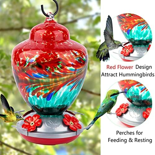 REZIPO Hummingbird Feeder with Perch - Hand Blown Glass - 38 Fluid Ounces Hummingbird Nectar Capacity Include Hanging Wires and Moat Hook (Red-Green)