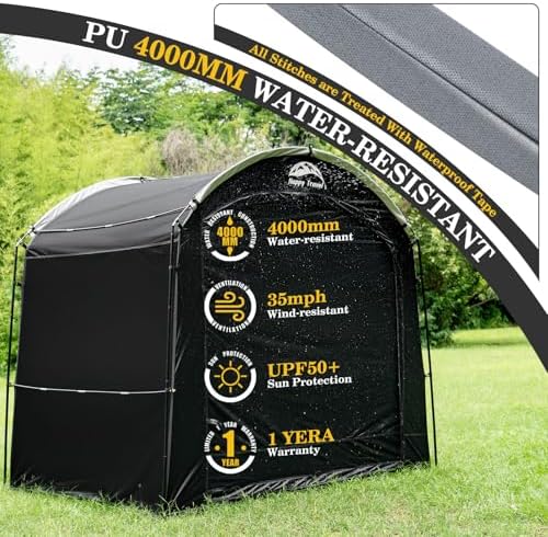 Happy Travel Bike Storage Shed Tent, Waterproof Portable Bicycle Cover with 30% More Top Storage Space for 2/3/4/5 Bikes,Clips Easy Setup Outdoor Sheds Shelter for Motorcycle, Garden Tools, Lawn Mower