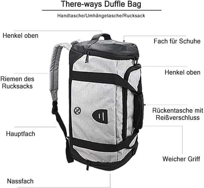 Gym Duffle Bag Backpack Waterproof Sports Duffel Bags Travel Weekender Bag for Men Women Overnight Bag with Shoes Compartment Grey