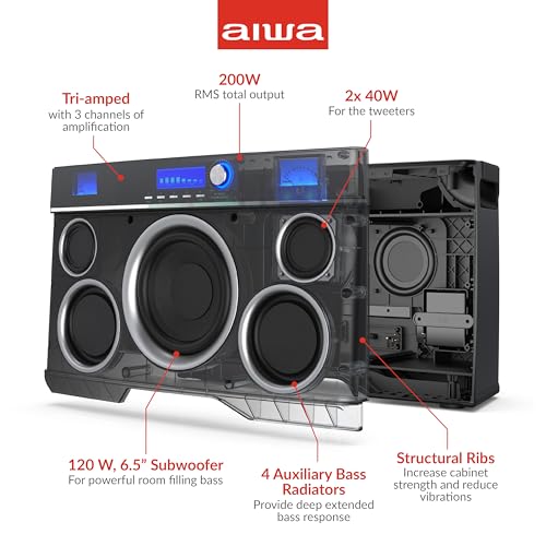 Aiwa Exos-10 Portable Bluetooth Speaker, 200W RMS Power, 6.5” Subwoofer, Deep Bass, Party Sync, Backlit Display, FM/BT/USB/AUX, Remote Control, Carry Strap, Bluetooth V5.0