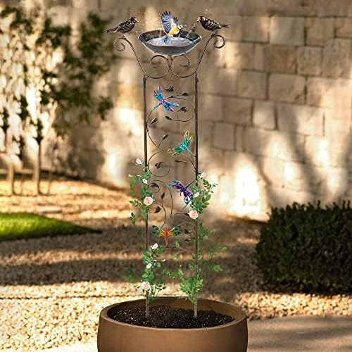 Bird Bath with Trellis Outdoor, Antique Garden Iron Plant Trellis with Decorative Dragonfly Detachable Bird Bath Bowl Metal Potted Plant Support for Climbing Flowers