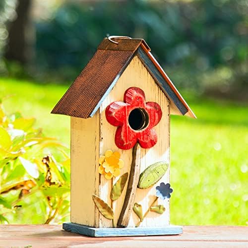 Glitzhome 10.2" H Hanging Bird House for Outdoor Patio Garden Decorative Birdhouse Pet Cottage Wooden Distressed Birdhouse, Flower Rustic White