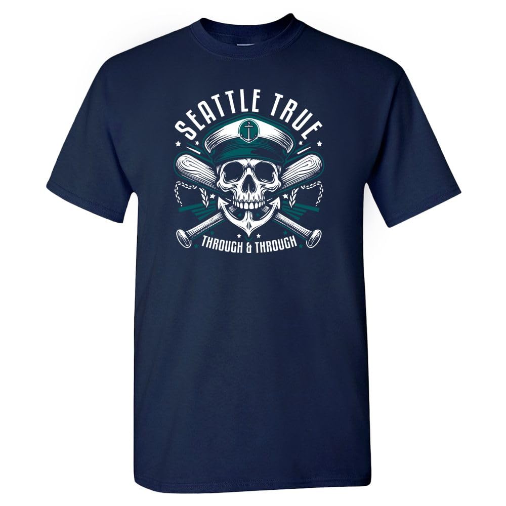 Seattle True Through & Through Men's Skull T-Shirt for Seattle Fans (Navy Shirt,L)
