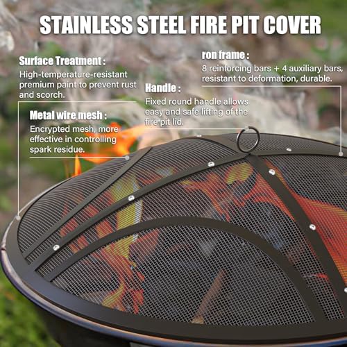 Fire Pit Spark Screen, Upgraded 22 Inch Outdoor Fire Pit Screen with Handle & Poker, Heavy-Duty Steel Fire Pit Cover Round Mesh Replacement Firepit Screen for Backyard/Beach/RV Camping