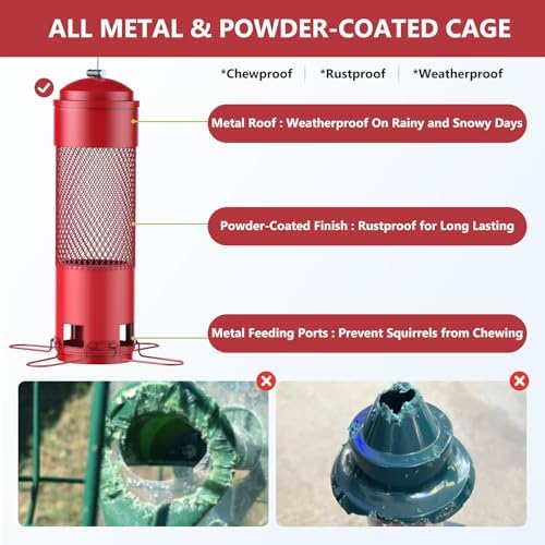 Bird Feeders for Outdoors Squirrel Proof with Weight-Activated Perches, Hanging Bird Feeder for Outside, Metal Feeder for Wild Birds, Finch, Blue Jay, Chickadee, 3LB Seed Capacity, Red
