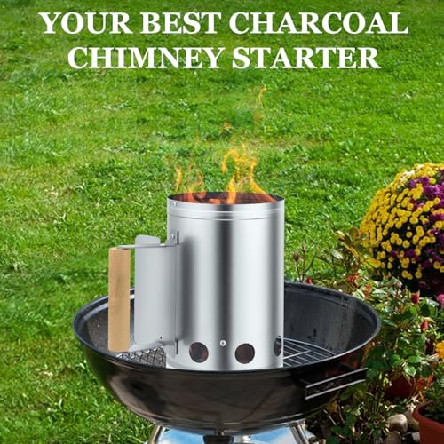 Leonyo Charcoal Chimney Starter, Heavy Duty BBQ Chimney Starter Perfect for Charcoal Grill and BBQ, Sturdy and Easy to Use BBQ Grill Tool for Rapid Fire Starter, Heat Resistant Wooden Handle, Silver