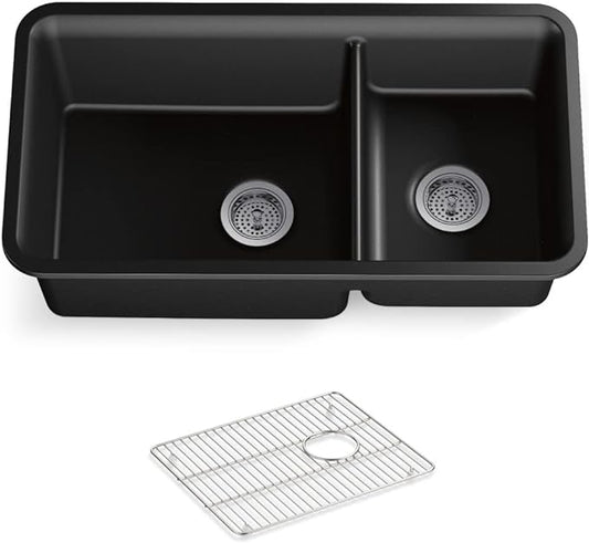 KOHLER K-8204-CM1 Cairn Sink, 33" Neoroc Composite Undermount Double-Bowl Kitchen Sink, Composite Kitchen Sink with Sink Rack, Matte Black