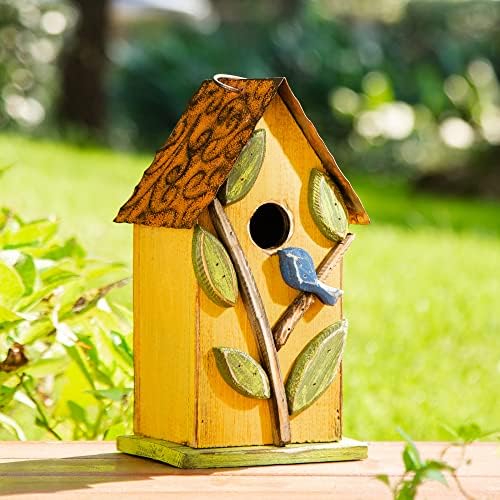 Glitzhome 9.7" H Hanging Birdhouse for Outdoor Patio Garden Decorative Pet Cottage Distressed Wooden Birdhouse, Leaves Rustic Yellow