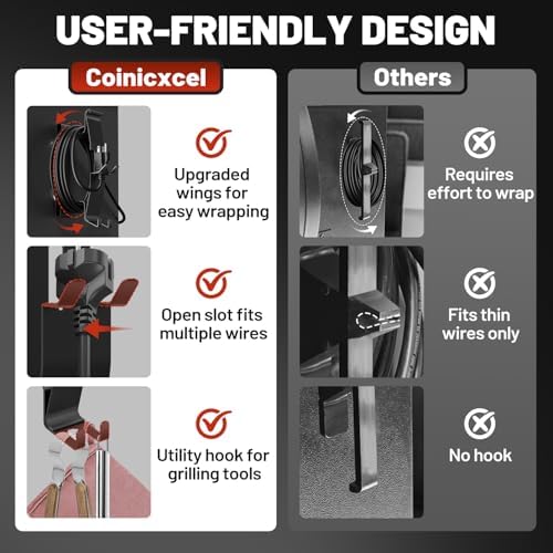 All-Metal Magnetic Power Cord Organizer with Strong Magnet, Coinicxcel Cable Holder for Most Wood Pellet Grill Smoker with Open Plug Slot & Hook, Suit for Traeger Grill Accessories, BBQ Accessories