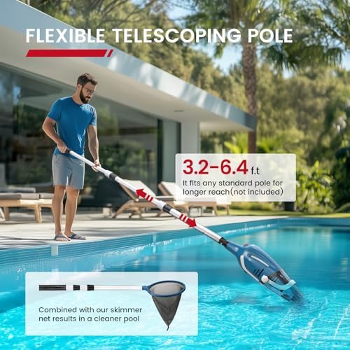 Pool Vacuum for Above Ground Pool, 2025 Upgraded Pool Vacuum with A Telescopic Pole, 18.5 Gal/Min Powerful Suction, 80Mins Runtime, Effortlessly Cleans Debris Underwater (Blue)