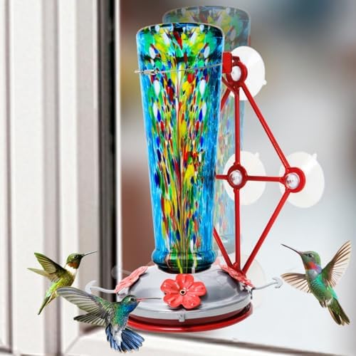 Window Hummingbird Feeder with 5 Strong Suction Cup 16 Ounces Colorful Hand-Blown Glass Hummingbird Feeder for Outdoor Patio Hanging Windows Mount (Blue)
