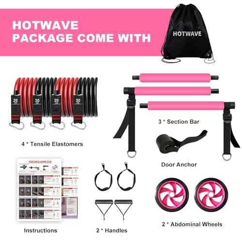 HOTWAVE Pilates Bar Kit with Resistance Band Set, Exercise Bar with AB Roller,Yoga Stretching Equipment, Portable Home Gym