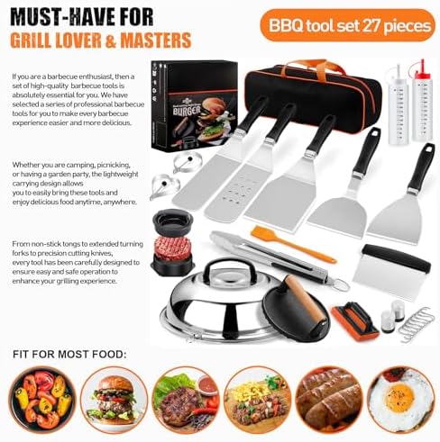APSARAS USA 27pcs for Blackstone Griddle Accessories, Grilling Accessories,Hibachi Enlarged Spatula Gift Set with Basting Cover,Flat Top Grill Accessories, Burger Press Patty Maker,Storage Bag