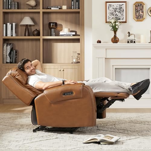 CHITA Genuine Leather Power Recliner Chair for Adults, Electric Wall Hugger Recliner with Adjustable Power Headrest & USB/Type-C Ports, Compact for Small Spaces & Living Rooms, Saddle Brown