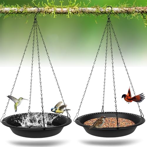 14 inch BirdBath Bowl Only with 25” Rust-Proof Black Chains, Bird Baths for Outdoors Heavy Duty, Hanging Birds Bath Hanging Bird-Feeder for Garden Backyard Decor (Black 2 Pack)
