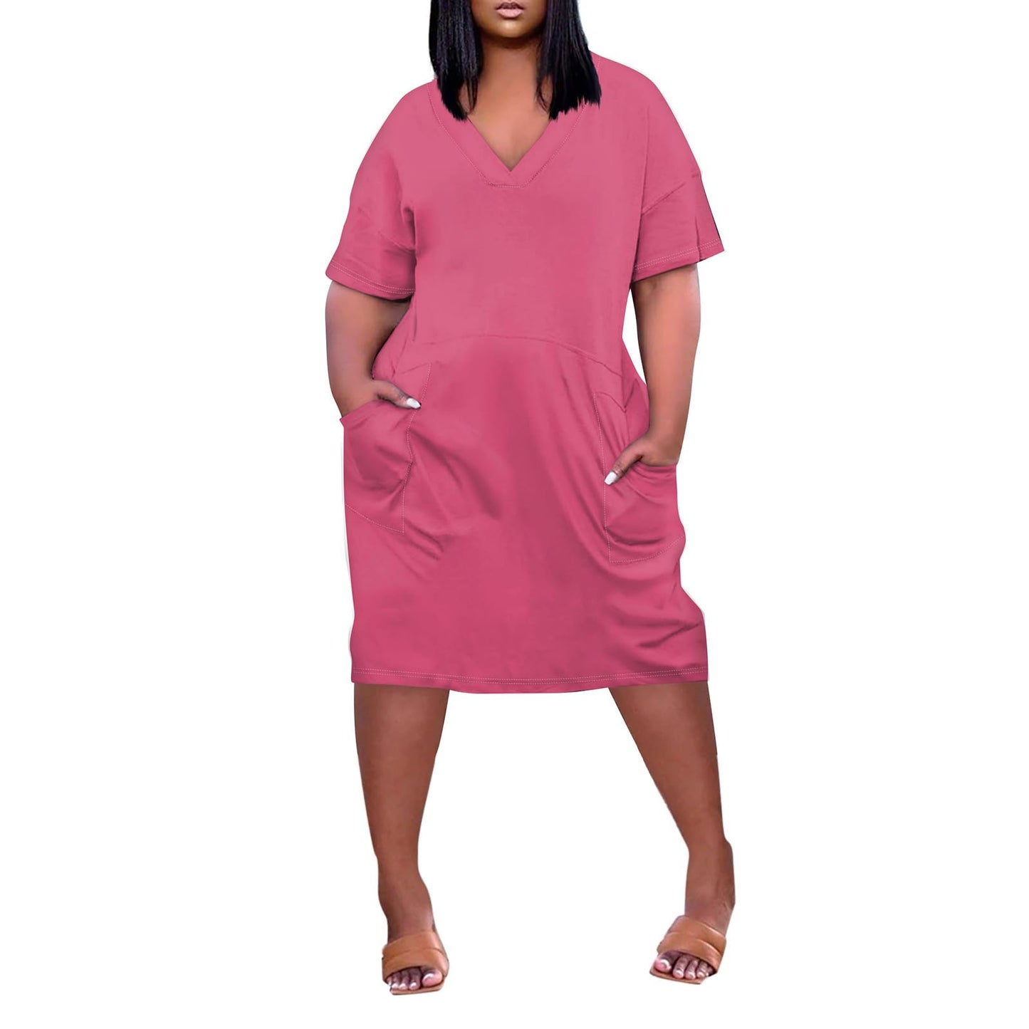 Plus Size Dresses for Curvy Women Oversize T Shirt Midi Dress Short Sleeve V Neck Loose Beach Dress Casual T Shirt Dress with Pockets Trendy Lounge Plus Size Casual Dresses Comfy Club Summer Dress