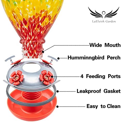 Hummingbird Feeders, 34OZ Hand Blown Glass Hummingbird Feeder for Outdoors Hanging with Ant MoatHooks, Perfect for Gardening Yard Patio Decor Gifts (Rainbow)