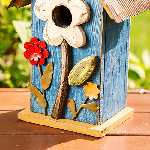 Glitzhome 10.2" H Hanging Bird House for Outdoor Patio Garden Decorative Birdhouse Pet Cottage Distressed Wooden Birdhouse, Flower Rustic Blue