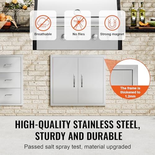 VEVOR BBQ Access Door, 26W x 24H Inch Double Outdoor Kitchen Door, Stainless Steel Flush Mount Door, Wall Vertical Door with Handles, for BBQ Island, Grilling Station, Outside Cabinet, Silver