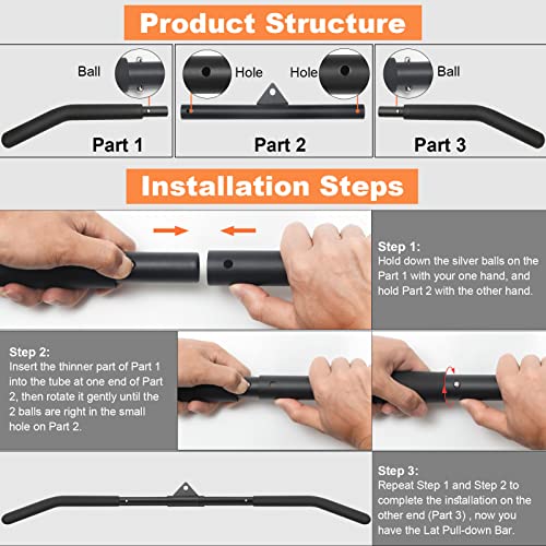 SERTT 39.37 Inch LAT Pulldown Bar Attachment for Pulley Cable Machine, Curl Tricep Press Down Bar with Rubber Handle, LAT Pull Down Bar Accessories for Gym, Strength Workout, Muscle Building
