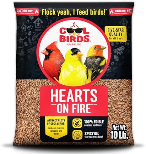 Hearts on Fire Hot Bird Seed – 10 lb. 100% Hulled Sunflower Hearts with Chili Pepper Oil – No Waste Bird Seed for Outside Feeders