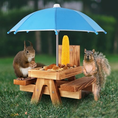 Gnodary Squirrel Feeder with Umbrella, Squirrel Feeders for Outside, Squirrel Picnic Table Feeder - Chipmunk Feeder Hold Corn, Corn Cob, Peanuts (Light-Blue)