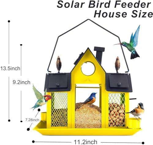 Solar Bird Feeders House for Outside Hanging, Metal Wild Bird Feeder for Outdoors, Large Cardinal Bird Feeder Birdhouses Squirrel Proof (Yellow)