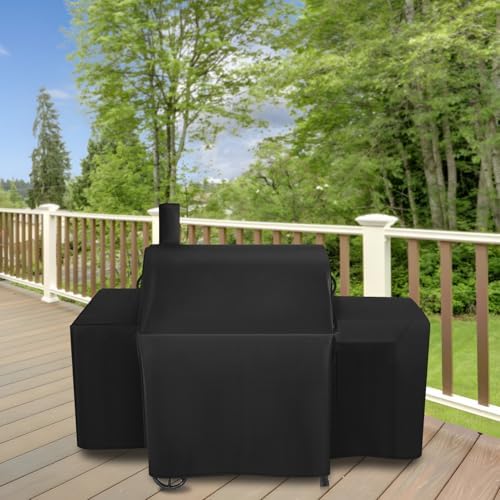 Heavy-Duty 600D Grill Cover fits for Char-Griller Smokin Champ 1624、Smoking Champ Offset Smoker 1733、Blazer 2130 and Classic 2175,Expansion Sleeves fit Around Side fire Box and Flue