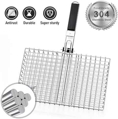 1-Pack Grill Basket with Removable Handle and 304 Stainless Steel, Grill baskets for outdoor grill,Ideal for Grilling Fish and Vegetables, BBQ Accessories for Easy Cooking