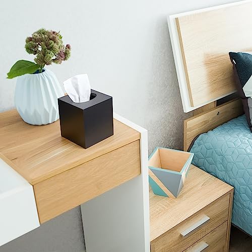 ALELION Wooden Tissue Box Cover Square - Large Black Tissue Box Holder for Tabletop Night Stands Bathroom Office - Decorative Facial Cube Tissue Box Cover