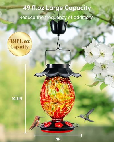 Solar Hummingbird Feeder - 49 fl.oz Hand Blown Glass Color Changing - 7 Feeding Ports with Perch - Never Leak - Perfect Hummingbird Feeder for Outdoors Hanging (Red)