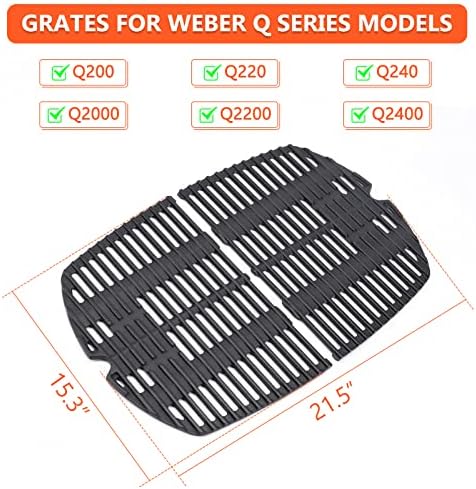 QuliMetal 7645 Cast Iron Cooking Grates for Weber Q200, Q220, Q2000, Q2400 Series Gas Grills, for Weber 396000, 396001 Grill Parts Grill Grates Replacement for Weber 7645 65811 69935, 2 Pack