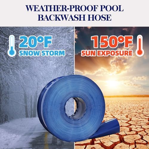 1 1/2 IN x 100 FT Pool Backwash Hose, Heavy-Duty PVC Lay Flat Hose, Weatherproof Burst Resistant, Pool Drain Hose for Water Transfer, Sump Pump, Pool Drain, with 2 Clamps