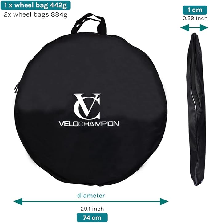 VeloChampion Waterproof Bicycle Wheel Bag Storage Cover | Mountain, Road or Gravel Bike | 650b. 700c. 26” 27.5” 29” Bicycle Wheelset Transport Travel Case (Black, 28.74" (Road) x2)