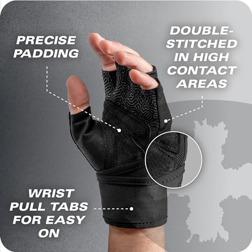 Harbinger Pro Wristwrap Gloves 3.0 - Enhanced Grip, Superior Wrist Support, Breathable 4-Way Stretch Lycra, Durable Leather Palm, Half-Finger Design for Weightlifting, Gym, Black, Small - Men's