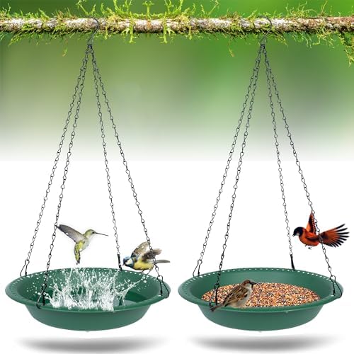 Bird Baths for Outdoors Heavy Duty, 14 inch BirdBath Bowl Only with 25” Rust-Proof Black Chains, Hanging Birds Bath Hanging Bird-Feeder for Garden Backyard Decor (Green 2 Pack)