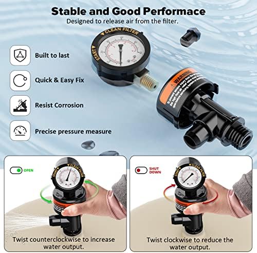 Manual Air Relief Valve for Pool and Spa Filters, Pool Filter Air Relief Valve with Pressure Gauge Replacement, Air Relief Valve for Pool Filter, Includes Gauge Plug, Pressure Gauge, O-Rings, Clips.