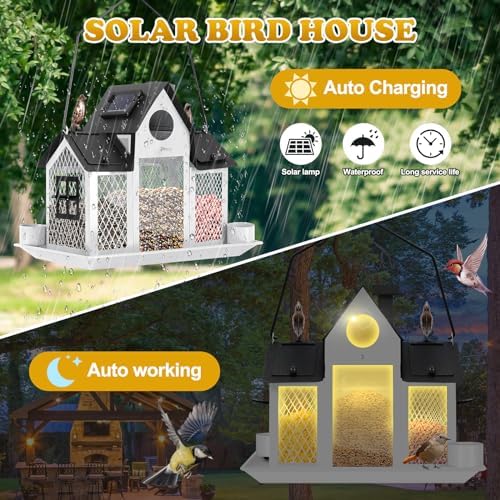 Solar Bird Feeders House Outside Hanging Metal Wild Bird Feeder Outdoors Large Cardinal Bird Feeder Birdhouses Squirrel Proof White