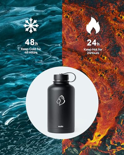 BUZIO Insulated Water Bottles 64oz with Straw Lid, Half Gallon Double Wall Stainless Steel Wide Mouth Water Bottle with Two Lids, Powder Coat Metal Water Jug Thermo Mug Metal Canteen, Keep Hot Cold
